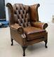 Chesterfield Georgian Queen Anne High Back Wing Chair Vintage Tan Leather