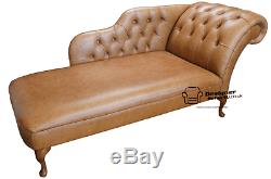 Chesterfield Leather Chaise Lounge Loungue Day Bed Vintage Tan Light Brown