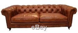 Chesterfield Luxury Vintage Distressed Real Leather 3 Seater Sofa Tan Brown