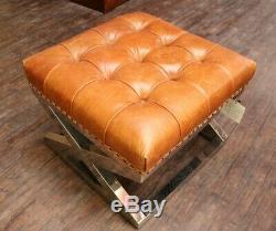 Chesterfield Modern Buttoned Criss Cross Steel Footstool Vintage Tan Leather