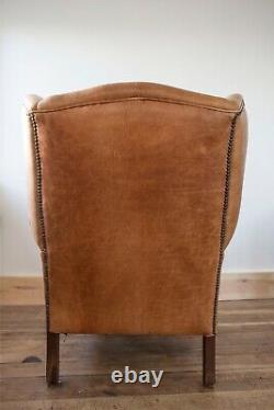 Chesterfield Queen Ann Vintage Antique Leather wingback armchair tan/brown