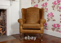 Chesterfield Queen Anne High Back Wing Chair in Vintage Tan Leather