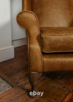 Chesterfield Queen Anne High Back Wing Chair in Vintage Tan Leather