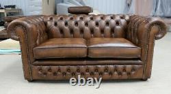 Chesterfield Tufted Buttoned 2 Seater Sofa Couch Real Vintage Tan Leather Dbb
