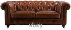 Chesterfield Vintage Distressed Tan Leather Handmade Sofa 2 Seater Sofa Settee