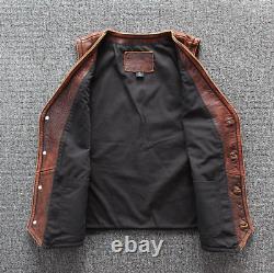 Classic Vintage Tan Brown Biker Vest Men's Bomber motorcycle Leather Jacket Top