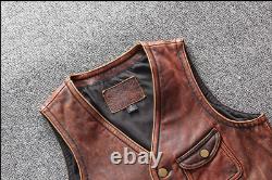 Classic Vintage Tan Brown Biker Vest Men's Bomber motorcycle Leather Jacket Top