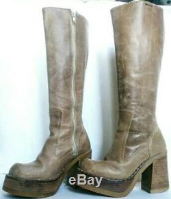 DESTROY 90s Vintage Tan Brown Leather Platform Chunky Heel Tall Boot SZ 37 6-6.5
