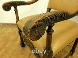 DK045 Danish Carved Oak & Tan Leather High-Backed Lounge Chair Vintage Retro