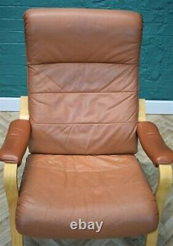 Danish Mid Century Retro Vintage Tan Leather Bentwood Lounge Armchair 1980s