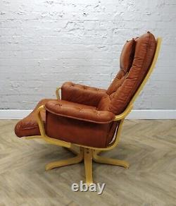 Danish Mid-Century Vintage Tan Leather Swivel Rocking Lounge Chairs 2 Available