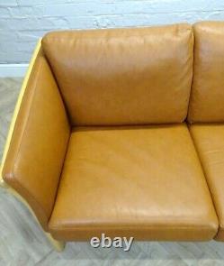 Danish Mid-Century Vintage Tan Leather Three Seat Sofa Settee Couch by Skalma