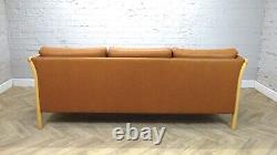 Danish Mid-Century Vintage Tan Leather Three Seat Sofa Settee Couch by Skalma