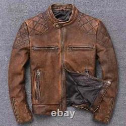 Distressed TAN Vintage Café Racer Men's Biker Motorcycle Real Leather Jacket