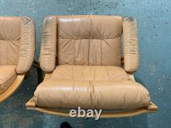 EB1215 Pair of Danish Beech & Tan Leather Lounge Chairs Mid Century Modern Retro