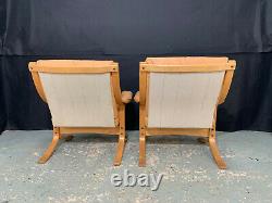 EB1215 Pair of Danish Beech & Tan Leather Lounge Chairs Mid Century Modern Retro