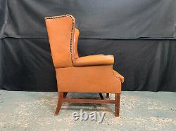 EB2153 Orange Tan Leather Queen Anne Style Arm Chair Vintage Lounge Seating
