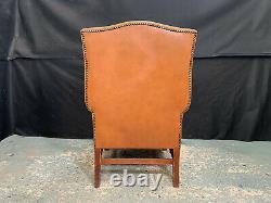 EB2153 Orange Tan Leather Queen Anne Style Arm Chair Vintage Lounge Seating