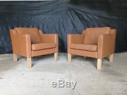 EB566 Pair of Orange Tan Leather Lounge Chairs Vintage Danish Retro Mid-Century