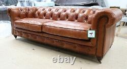 Earle Chesterfield Sofa Vintage Tan Leather Tufted Buttoned 3 Seater