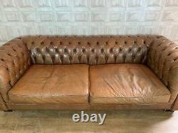 FABULOUS Tan Brown Leather 3-4 Seater Chesterfield Sofa Vintage £88 DELIVERY