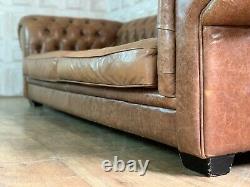 FABULOUS Tan Brown Leather 3-4 Seater Chesterfield Sofa Vintage £88 DELIVERY
