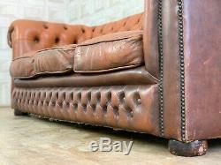 FABULOUS Vintage Leather Chesterfield Sofa Tan Brown 3 Seater £80 DELIVERY