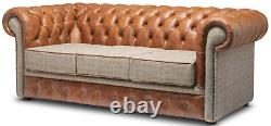 FASTDELIVERY Chesterfield Three Seater sofa Harris Tweed and Vintage Tan Leather