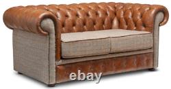 FASTDELIVERY Chesterfield Two Seater sofa Harris Tweed and Vintage Tan Leather