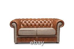 FASTDELIVERY Chesterfield Two Seater sofa Harris Tweed and Vintage Tan Leather
