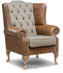 FAST DELIVERY Chesterfield Highback Chair Real Vintage Tan Leather & HarrisTweed