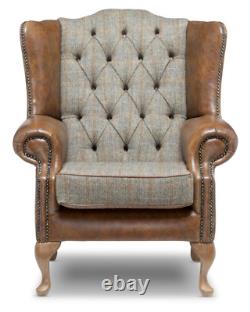FAST DELIVERY Chesterfield Highback Chair Real Vintage Tan Leather & HarrisTweed