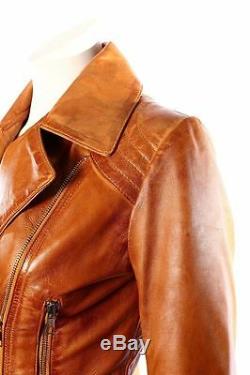 FEMININE Ladies TAN Vintage WASHED Biker Style Designer Real Leather Jacket