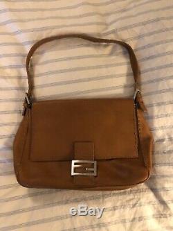 FENDI Vintage Tan Leather Selleria Handbag With Strap & Beautiful Stitched Edges