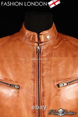 FORCE Vintage Tan Brown Men's Retro Real Soft Sheep Nappa Fashion Leather Jacket