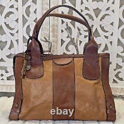 FOSSIL Vintage Reissue BROWN & TAN Leather Satchel Shoulder Handbag Medium-Large