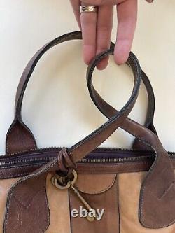 FOSSIL Vintage Reissue BROWN & TAN Leather Satchel Shoulder Handbag Medium-Large
