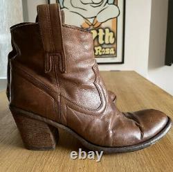 Fauzian Jeunesse Vintage Leather Western Cowboy Pull-on Ankle Boots Tan 38.5 6