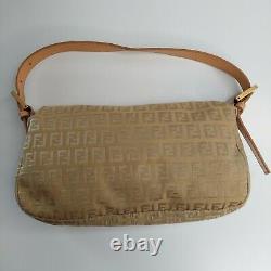 Fendi Baguette Bag Zucca Genuine Vintage Cloth Tan Leather Handle Gold Buckle
