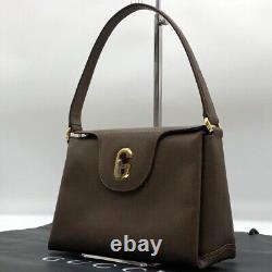 GUCCI Authentic gold metal turn lock hand bag genuine leather brown vintage