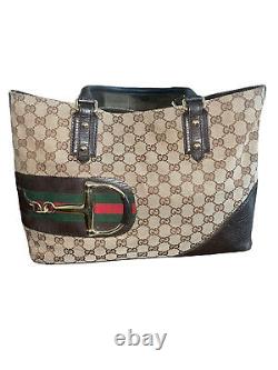 GUCCI GG Hasler Horsebit Canvas & Leather Hobo Tan Monogram Bag Handbag
