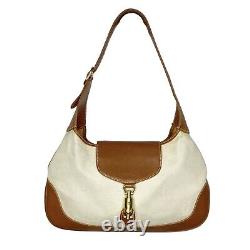 GUCCI Jackie Cream Canvas Tan Leather Shoulder Bag Handbag Vintage