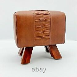 Genuine Leather Brown Tan Stool Footstool Ottoman Vintage Seat Pouffe