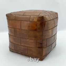 Genuine Leather Tan Seat Stool Footstool Ottoman Vintage Seat Cube Pouffe