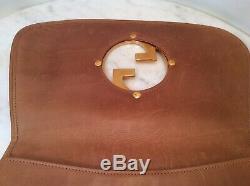 Genuine Vintage GUCCI Tan Brown Leather Gold Medallion Clutch Bag Purse Rare