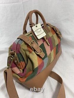 Genuine vintage FOSSIL tan framed doctor bag leather and fabric crossbody