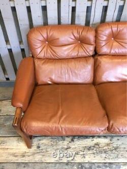 Gimson & Slater 3 Seat Leather Tan Sofa Mid Century Vintage Teak Frame Danish