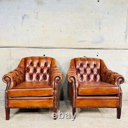 Great Pair Of Danish Vintage Light Tan Leather Armchairs #814