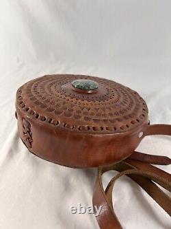 Great Vintage Hand Tooled Tan Full Leather Fancy Stone Round Crossbody Shoulder