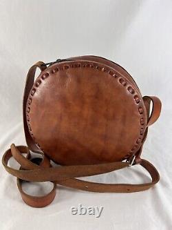 Great Vintage Hand Tooled Tan Full Leather Fancy Stone Round Crossbody Shoulder